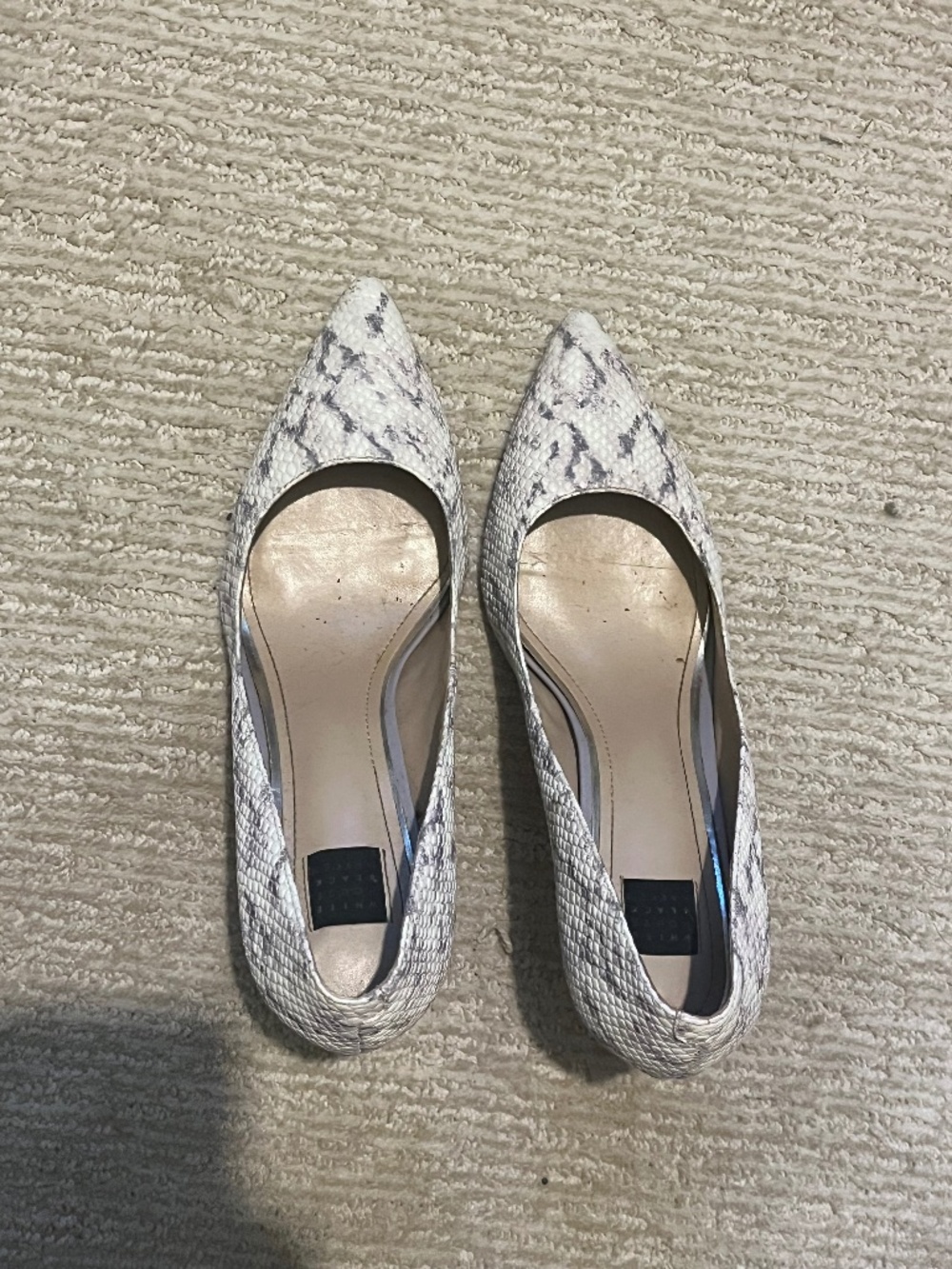 Snake print white and purple heels